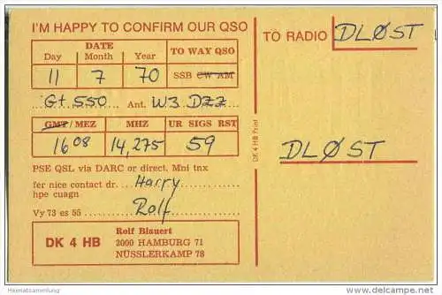 QSL - QTH - Funkkarte - DK4HB - Hamburg - 1970