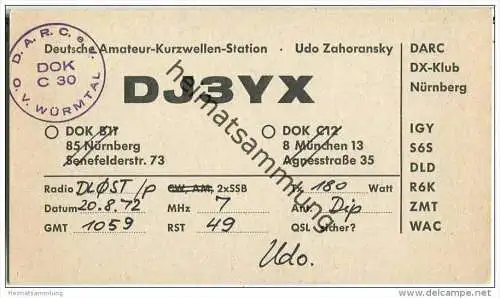 QSL - QTH - Funkkarte - DJ3YX - Nürnberg - 1972