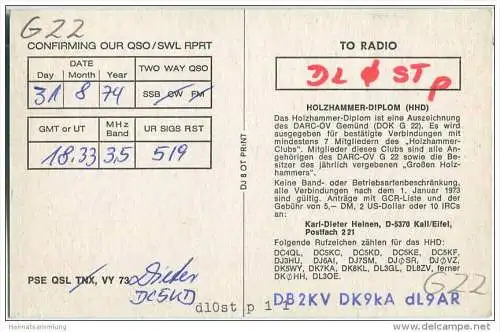 QSL - QTH - Funkkarte - DK0HH - Kall / Eifel - 1974