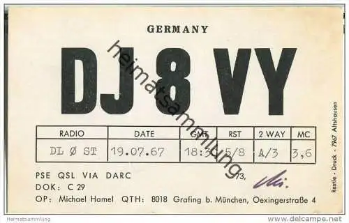 QSL - QTH - Funkkarte - DJ8VY - Grafing bei München - 1967