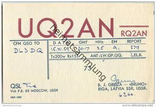 QSL - QTH - Funkkarte - UQ2AN - Riga - 1959