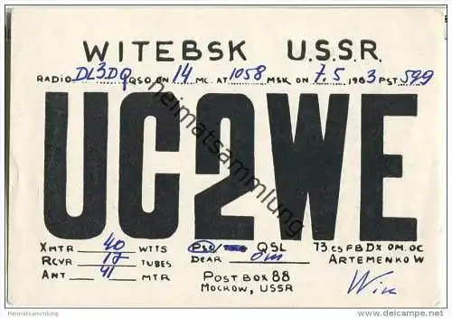 QSL - QTH - Funkkarte - UC2WE - Wizebsk - Witebsk - 1963