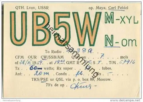 QSL - QTH - Funkkarte - UB5W - Lvov - Lemberg - 1959