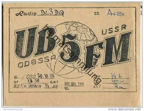 QSL - QTH - Funkkarte - UB5FM - Odessa - 1958
