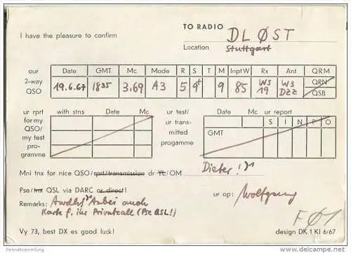 QSL - QTH - Funkkarte - DK1KI - Helsen - Bad Arolsen - 1967