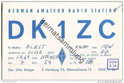 QSL - QTH - Funkkarte - DK1ZC - Hamburg - 1969