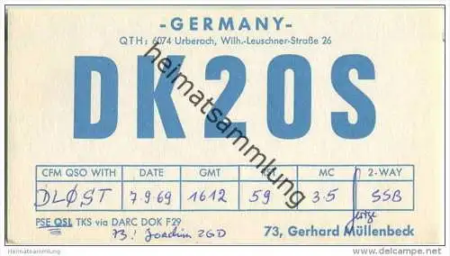 QSL - QTH - Funkkarte - DK2OS - Urberach - Rödermark - 1969
