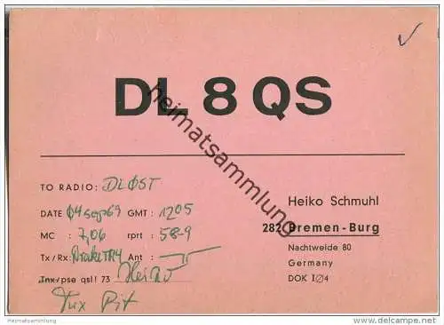 QSL - QTH - Funkkarte - DL8QS - Bremen-Burg - 1969