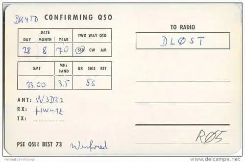 QSL - QTH - Funkkarte - DK4TD - Tönisvorst - 1970