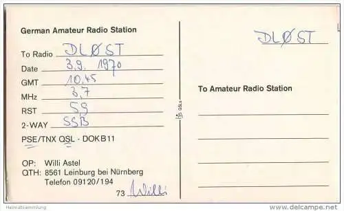 QSL - QTH - Funkkarte - DK2YV - Leinburg bei Nürnberg - 1970