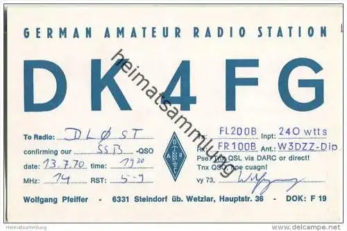 QSL - QTH - Funkkarte - DK4FG - Steindorf - Wetzlar - 1970