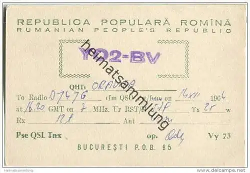 QSL - QTH - Funkkarte - YO2BV - Rumänien - Romania - Oravita - 1964