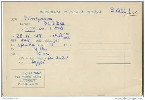 QSL - QTH - Funkkarte - YO2BQ - Rumänien - Romania - Timisoara - 1959