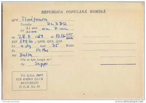 QSL - QTH - Funkkarte - YO2BQ - Rumänien - Romania - Timisoara - 1959