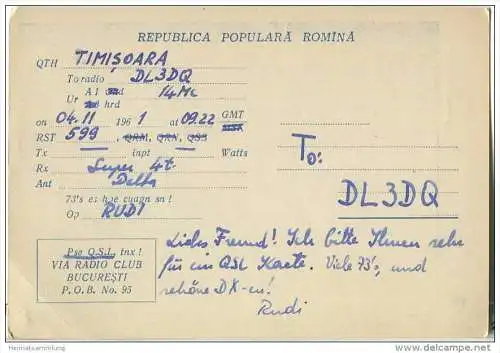 QSL - QTH - Funkkarte - YO2-1048 - Rumänien - Romania - Timisoara - 1961