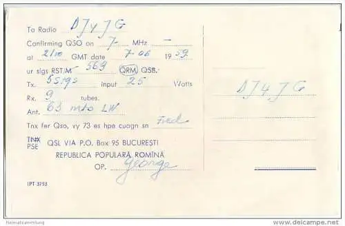 QSL - QTH - Funkkarte - YO2BB - Rumänien - Romania - Timisoara - 1959