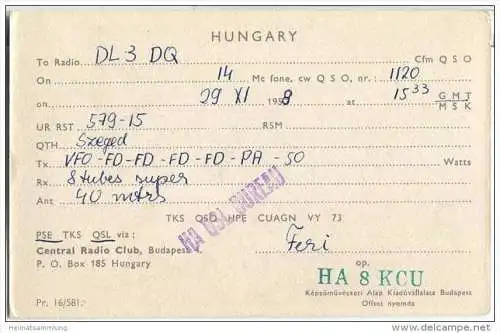QSL - QTH - Funkkarte - HA8KCU - Ungarn - Magyarorszag - Szeged - ARTEX Herend - Rosen - 1958
