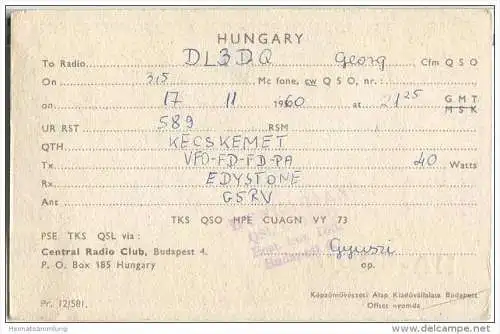QSL - QTH - Funkkarte - HA8KUC - Ungarn - Magyarorszag - Kecs Kemet - GANZ - 1960