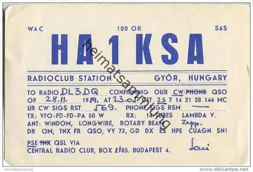 QSL - QTH - Funkkarte - HA1KSA - Ungarn - Magyarorszag - Györ - 1959