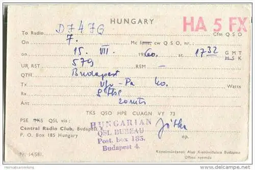 QSL - QTH - Funkkarte - HA5FX - Ungarn - Magyarorszag - Budapest - ARTEX - 1960