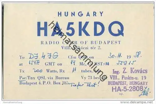 QSL - QTH - Funkkarte - HA5KDQ - Ungarn - Magyarorszag - Budapest - 1958