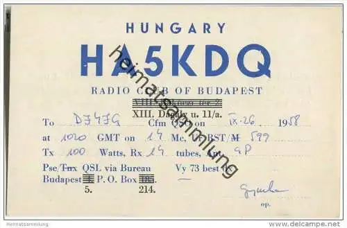 QSL - QTH - Funkkarte - HA5KDQ - Ungarn - Magyarorszag - Budapest - 1958