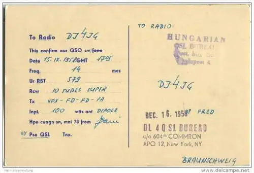 QSL - QTH - Funkkarte - HA5KFR - Ungarn - Magyarorszag - Budapest - 1958