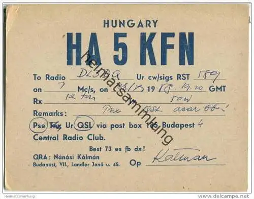 QSL - QTH - Funkkarte - HA5KFN - Ungarn - Magyarorszag - Budapest - 1958