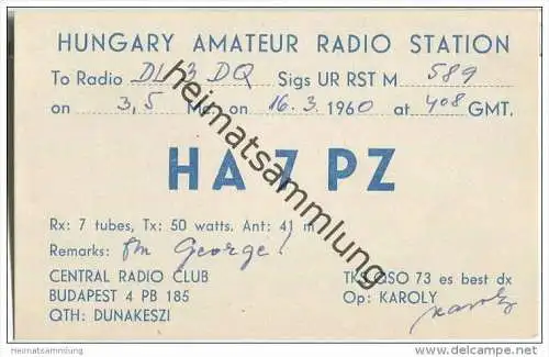 QSL - QTH - Funkkarte - HA7PZ - Ungarn - Magyarorszag - Budapest - 1960