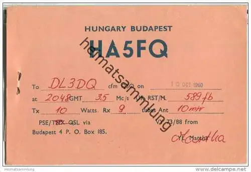 QSL - QTH - Funkkarte - HA5FQ - Ungarn - Magyarorszag - Budapest - 1960
