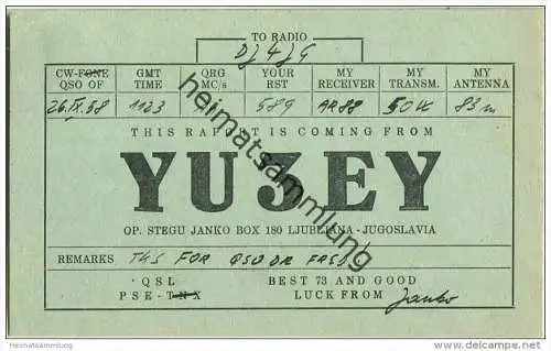 QSL - QTH - Funkkarte - YU3EY - Slowenien - Ljubljana - 1958