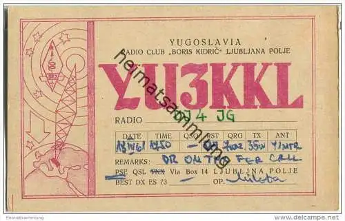 QSL - QTH - Funkkarte - YU3KKL - Slowenien - Ljubljana - 1961