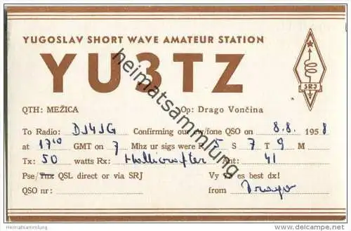 QSL - QTH - Funkkarte - YU3TZ - Slowenien - Mezica - 1958