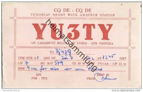 QSL - QTH - Funkkarte - YU3TY - Slowenien - Vrhnika - 1962