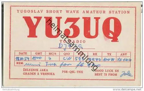 QSL - QTH - Funkkarte - YU3UQ - Slowenien - Vrhnika - 1959