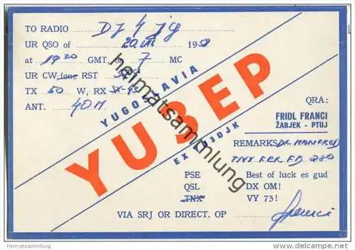 QSL - QTH - Funkkarte - YU3EP - Slowenien - Zabjek - 1958