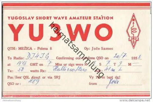 QSL - QTH - Funkkarte - YU3WO - Slowenien - Mezica - 1958