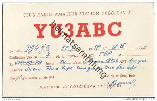 QSL - QTH - Funkkarte - YU3ABC - Slowenien - Maribor - 1959