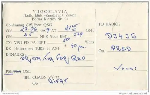 QSL - QTH - Funkkarte - YU4BAB - Bosnien-Herzegowina - Zenica - Katze - 1959