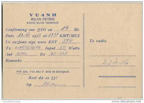 QSL - QTH - Funkkarte - YU4NH - Bosnien-Herzegowina - Trebinje - 1959