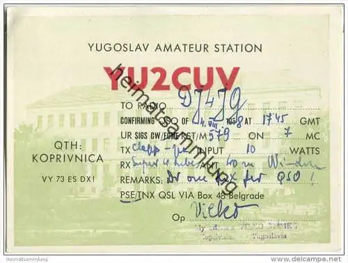 QSL - QTH - Funkkarte - YU2CUV - Kroatien - Koprivnica - 1958