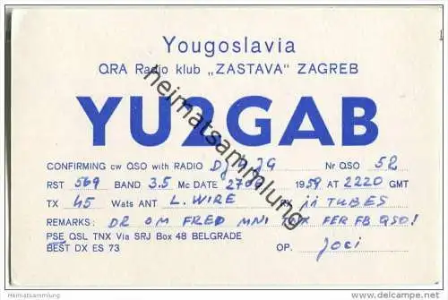 QSL - QTH - Funkkarte - YU2GAB - Kroatien - Zagreb - 1959