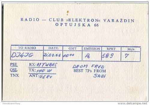 QSL - QTH - Funkkarte - YU2XOP - Kroatien - Varazdin - 1966