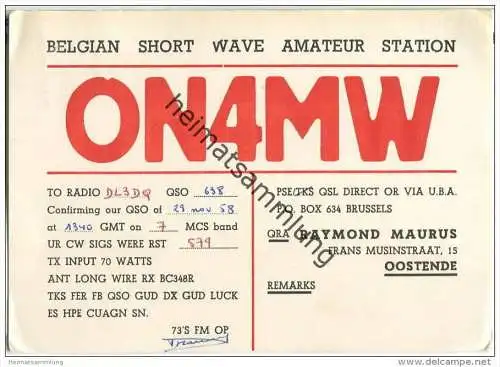 QSL - QTH - Funkkarte - ON4MW - Belgique - Belgie - Oostende  - 1958