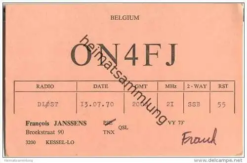 QSL - QTH - Funkkarte - ON4FJ - Belgique - Belgie - Kessel-Lo - 1970