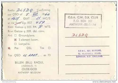 QSL - QTH - Funkkarte - ON4QJ - Belgique - Belgie - Antwerpen - Oude-God - 1960