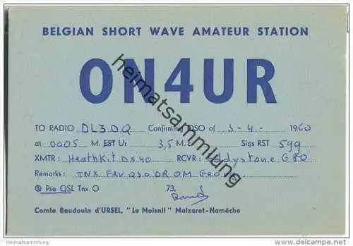 QSL - QTH - Funkkarte - ON4UR - Belgique - Belgie - Maizeret-Nameche - 1960