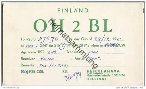 QSL - QTH - Funkkarte - OH2BL - Finnland - Suomi - Helsinki - 1961