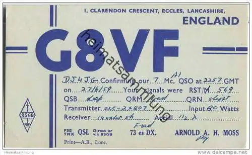 QSL - QTH - Funkkarte - G8VF - England - Eccles - 1959