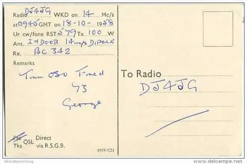 QSL - QTH - Funkkarte - G3HLP - England - Chester - 1958